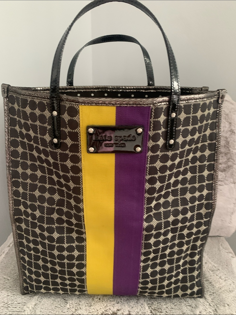 kate spade Large Black Canvas Tote with Yellow and Purple Center Stripe